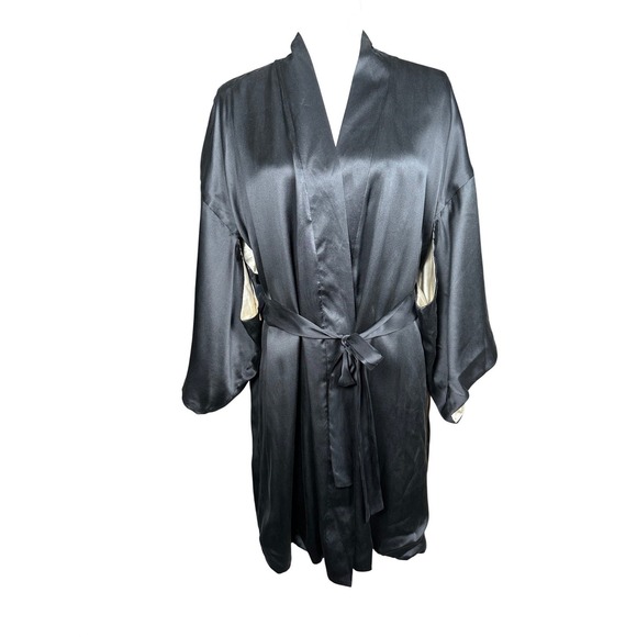 Victoria's Secret Black Silk Satin Kimono Sleeve Robe  Tie Waist M L NEW Luxury - Picture 3 of 13